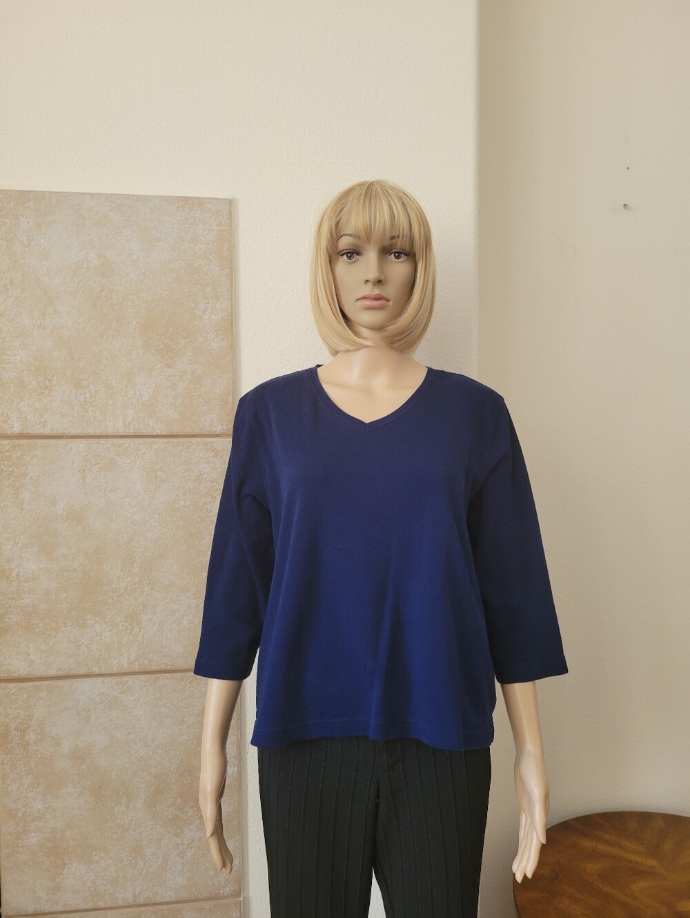 Kim Rogers V-Neck 3/4 Sleeve Navy Petite Cotton Top LP EUC